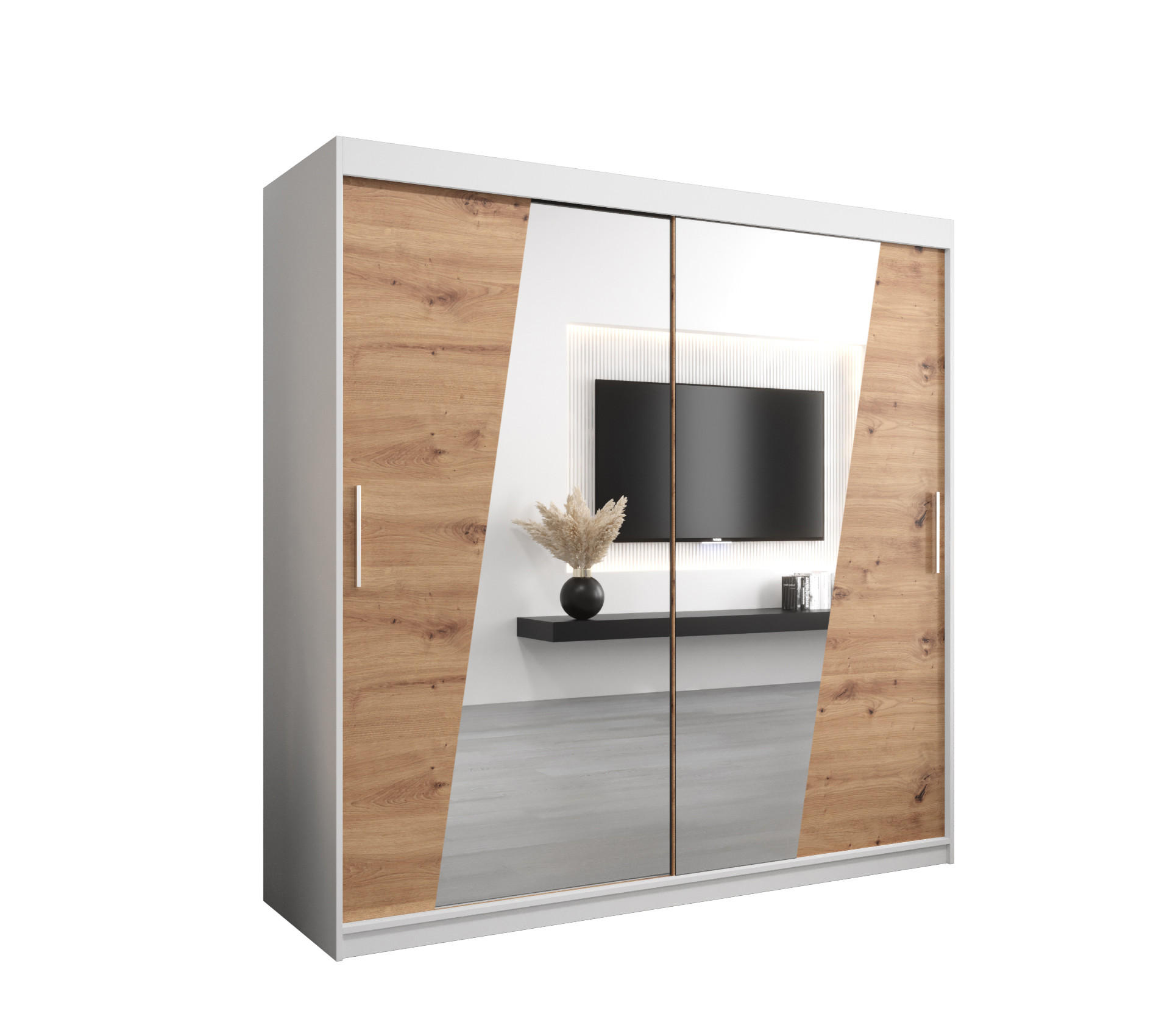 Abiks Möbel Schwebetürenschrank Weiß, Eiche Artisan 200x200x62 cm