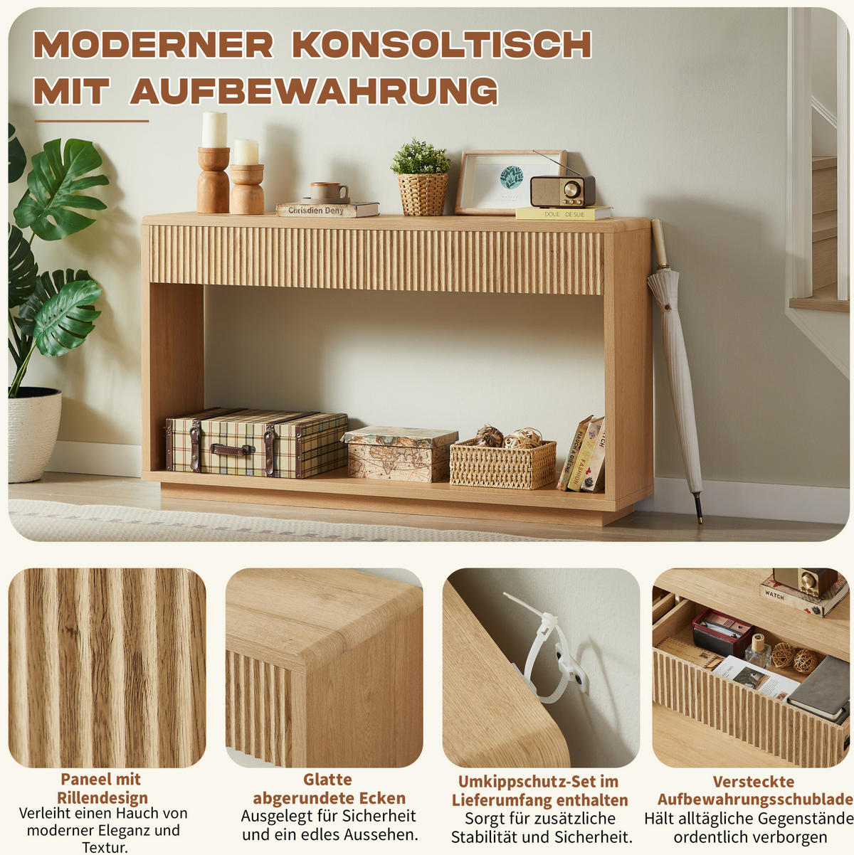 KONSOLENTISCH aus Spanplatte und MDF 150x35x85 cm Natur mit 2 Schubladen und offenem Fach - Naturfarben, Holzwerkstoff (150/35/85cm) - IVMEU