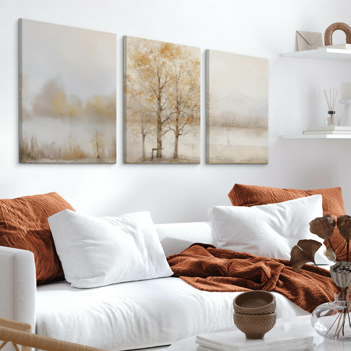 LEINWANDBILDER 3-es Set Baum Malarei - Beige/Weiß, Textil (90/40cm) - Muralo