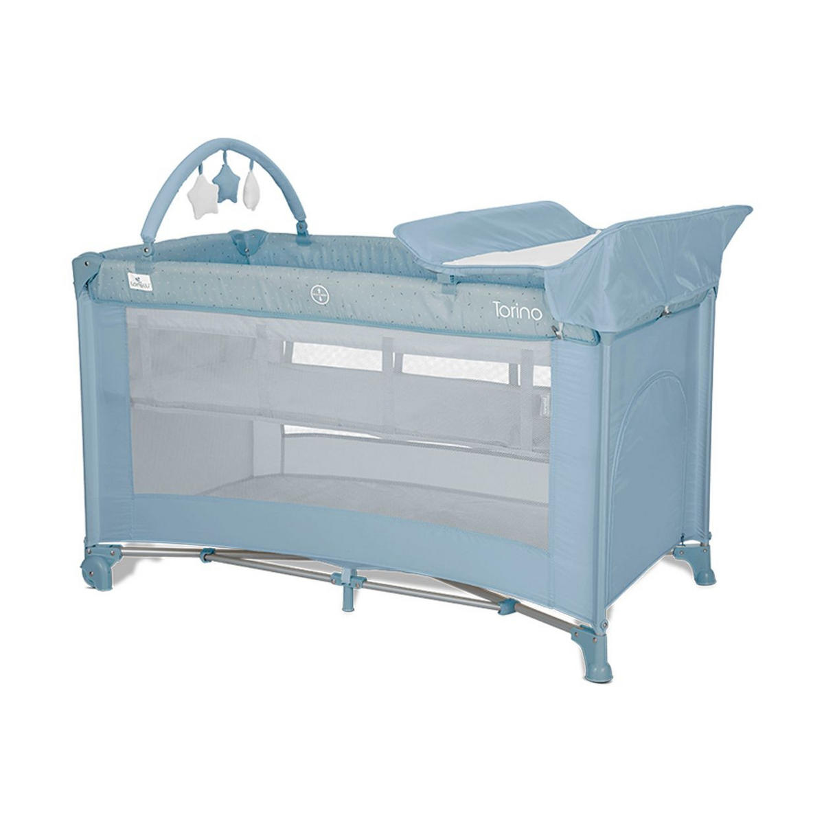 REISEBETT Torino plus 2 hellblau Wickelauflage Spielbogen Räder faltbar - Blau, Kunststoff (70/127cm) - Lorelli