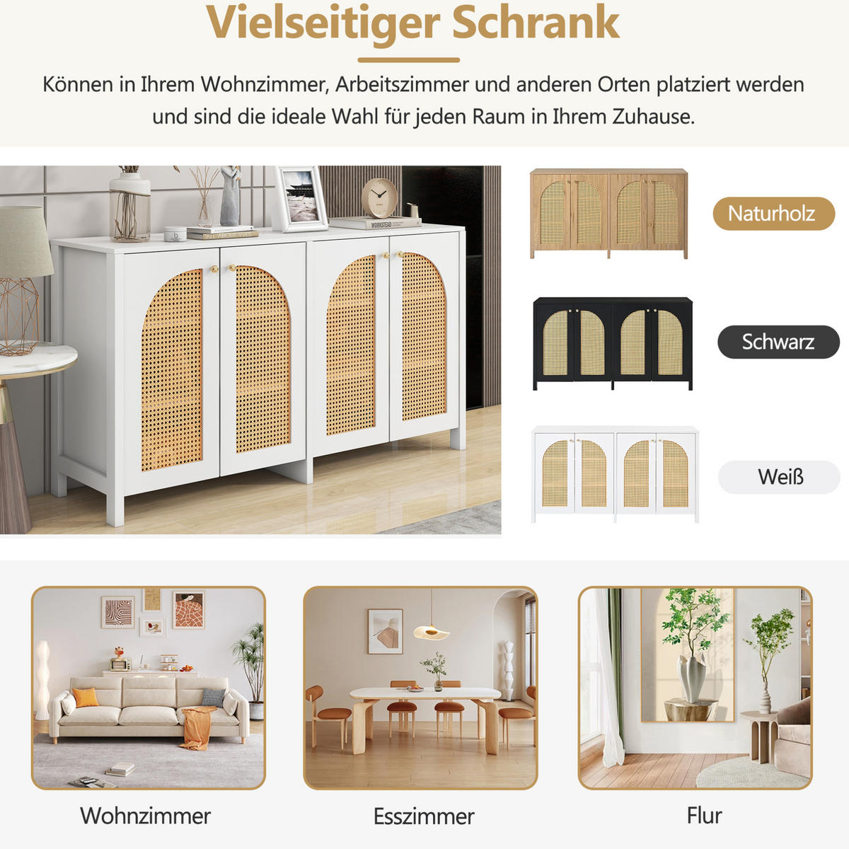 SIDEBOARD mit 4 Kunst-Rattantüren, verstellbarem Regalboden und Metallgriffen, Weiß - Weiß, Holzwerkstoff (145/40/80cm) - Redom