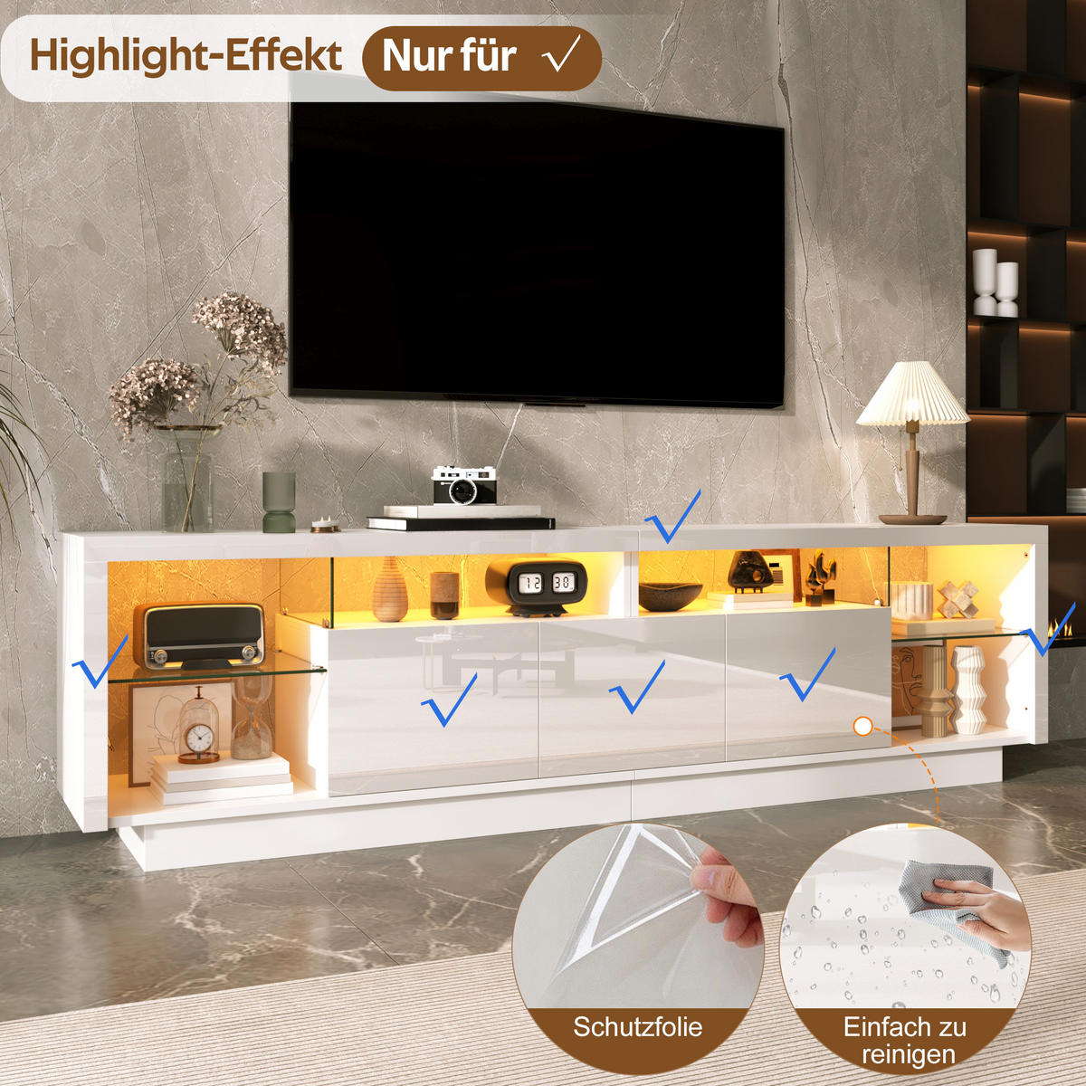 TV-SCHRANK 200/38/55 cm Weiß Hochglanz mit LED-App und 3 Türen - Weiß, Holzwerkstoff (200/55/38cm) - Oxeza