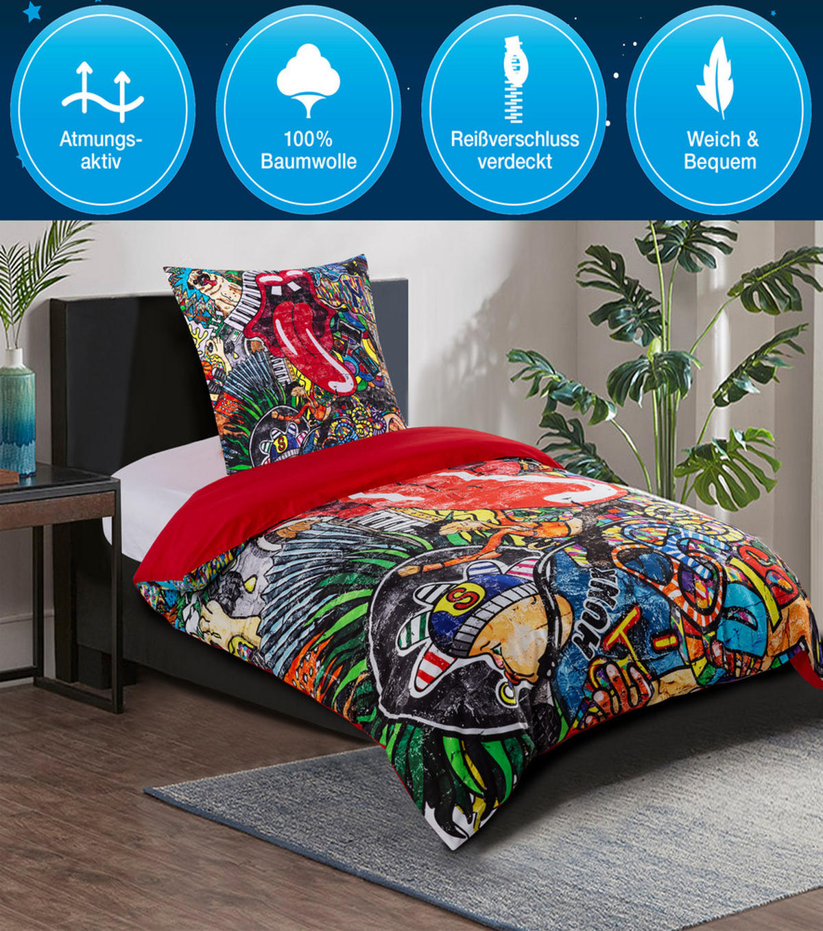 BETTWÄSCHE 2-teilig Graffiti - Rot, Naturmaterialien (135/200cm) - Sanilo