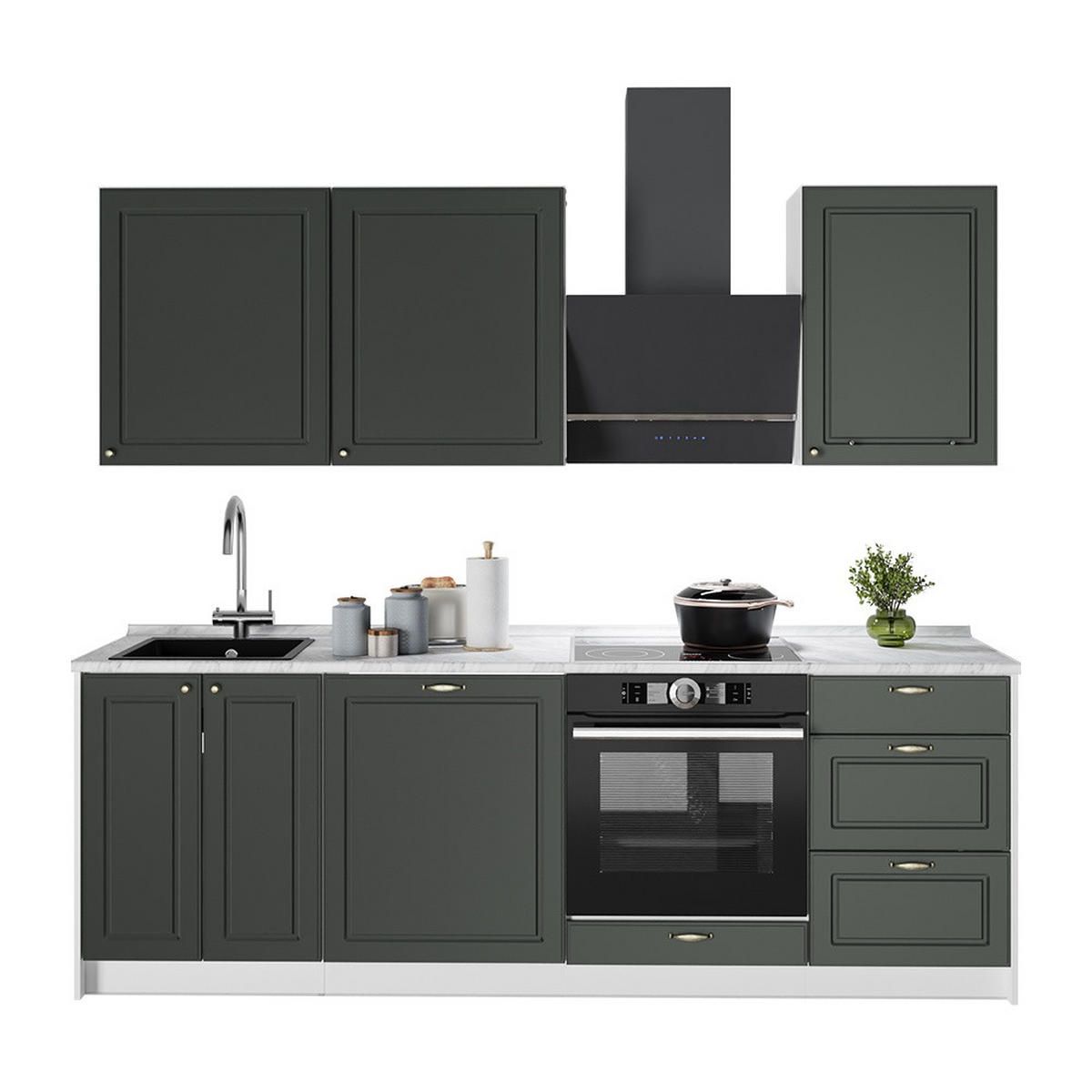 KÜCHENZEILE Fame-Line, Grün-Gold Landhaus/Weiß, 230 cm ohne Arbeitsplatte - Weiß/Grün, Holzwerkstoff (230/206.8/51.6cm) - Vicco