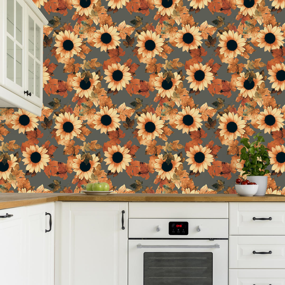 VLIESTAPETE Vintage-Sonnenblumen – Gelb, Orange, Grau – 50x1000 cm - Gelb/Orange, Papier (50/1000cm) - Muralo