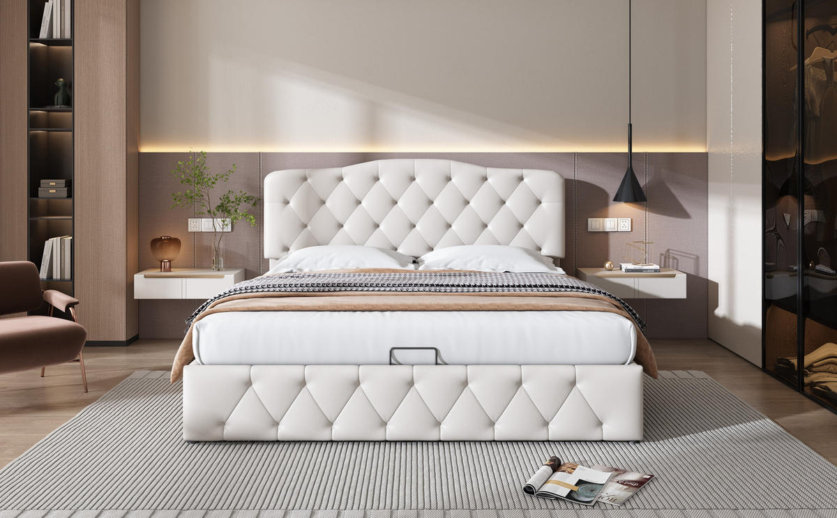 POLSTERBETT 140x200 Synthetik Leder Lychee Hydraulisch Weiß - Weiß, Leder - FLIEKS