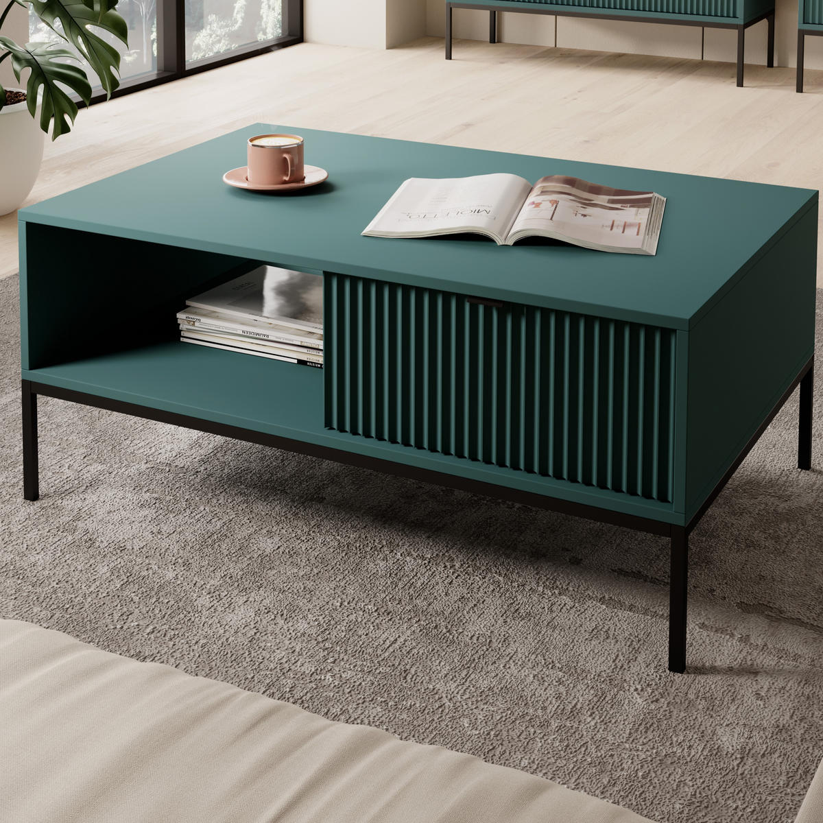 COUCHTISCH Kioto 104 cm in Grün mit Schubladen und Metallbeinen - Schwarz/Grün, Holzwerkstoff/Metall (68/104/46cm) - Ravio