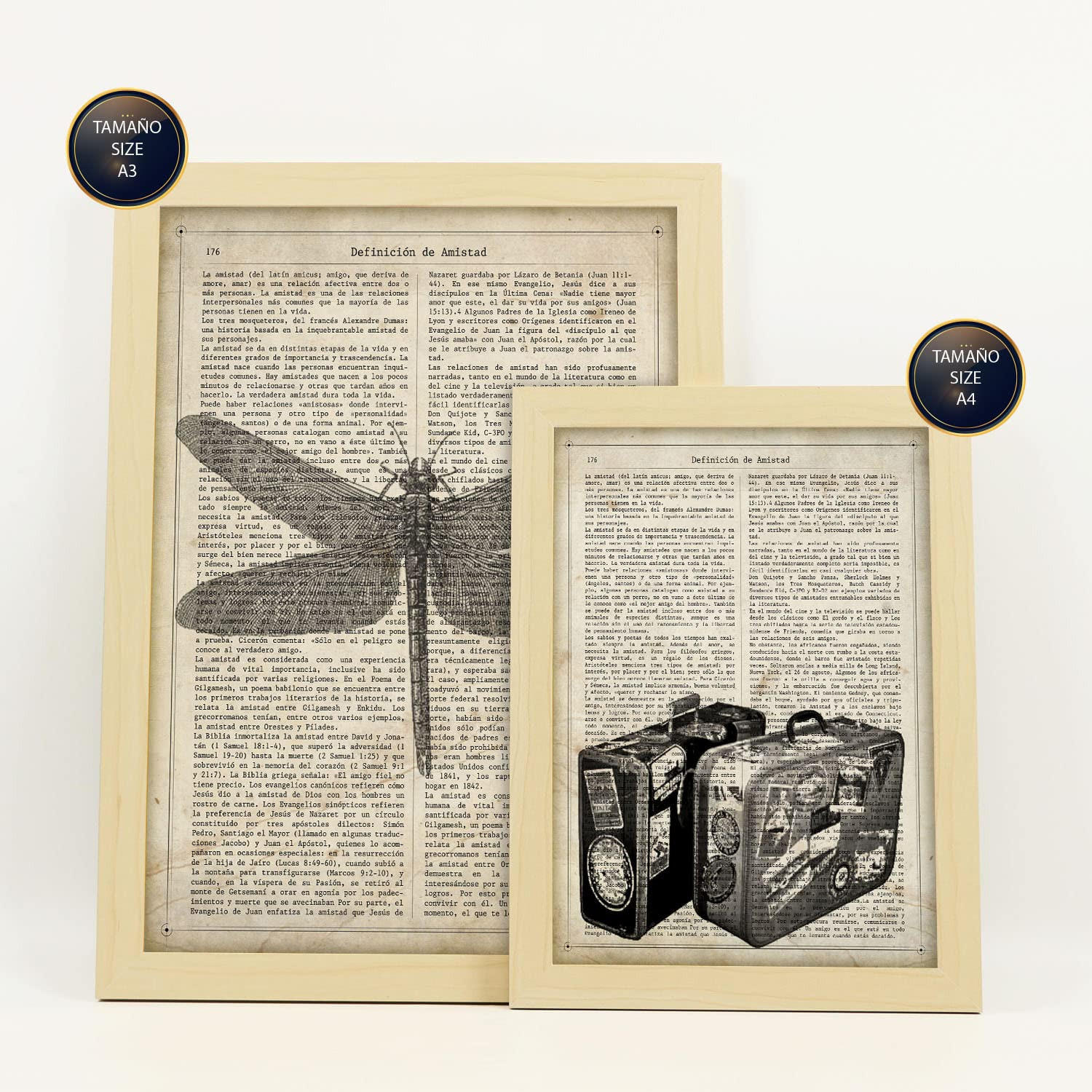 POSTER Set Mit 6 Vintage Zeichnungen Sepia Papier Plakate Im Retro Mit Natur & Reisethemen Über Enzyklopädie A3 & A4 Rahmen Aus Hellem Holz - Beige, Papier (29/3cm) - Nacnic