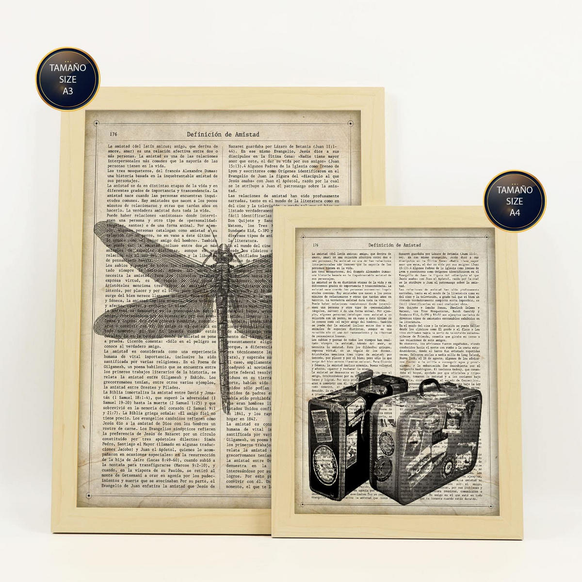 POSTER Set Mit 6 Vintage Zeichnungen Sepia Papier Plakate Im Retro Mit Natur & Reisethemen Über Enzyklopädie A3 & A4 Rahmen Aus Hellem Holz - Beige, Papier (29/3cm) - Nacnic