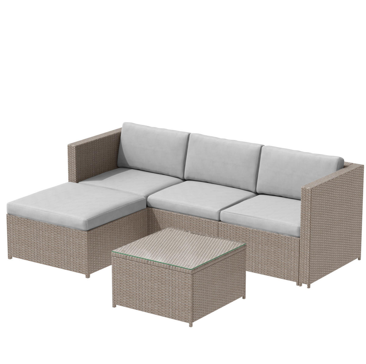 LOUNGE-SET 196/136/67 cm khaki aus Polyrattan und Stahl mit Couchtisch und Kissen - Beige, Metall - OKWISH