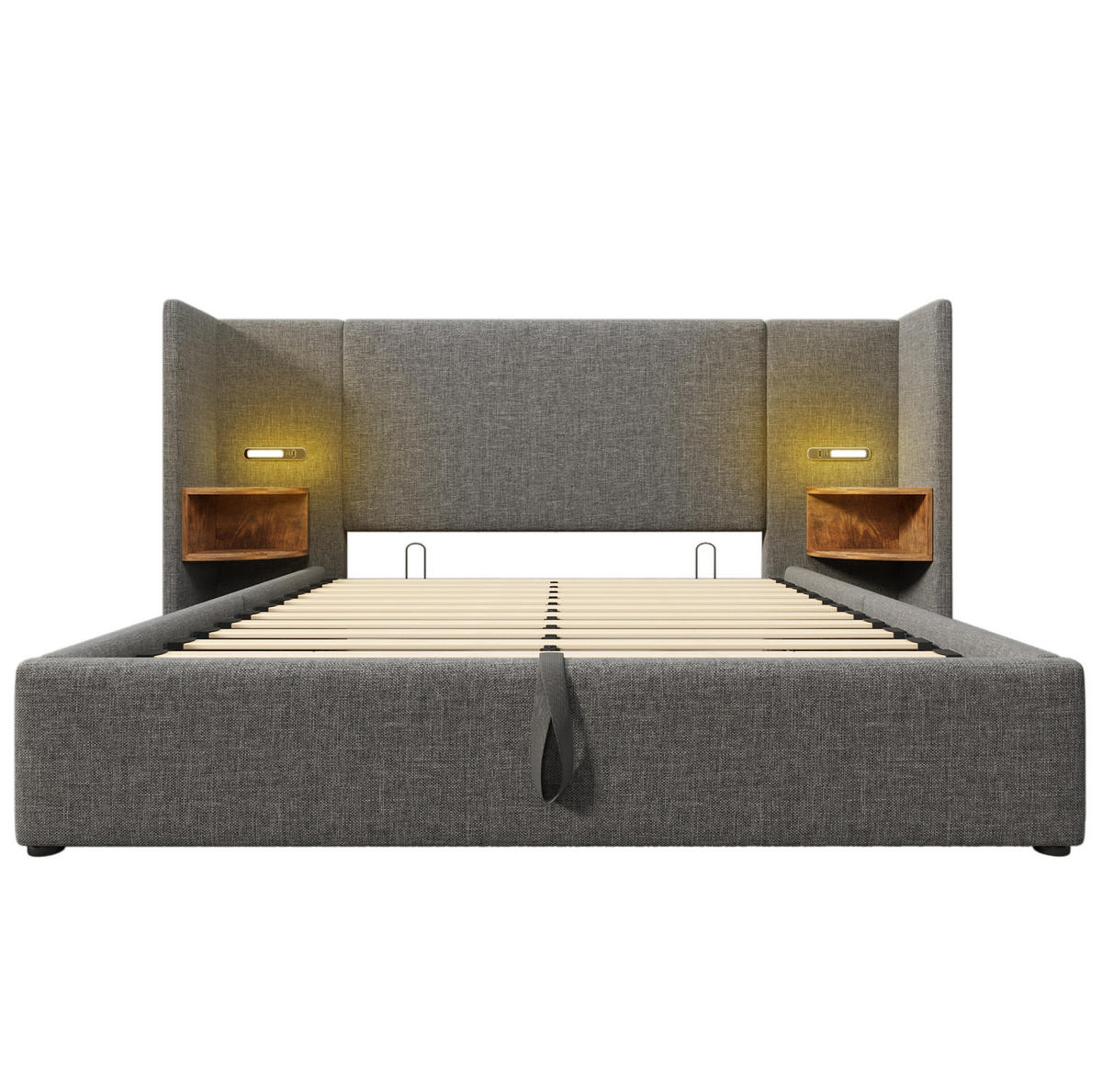 ČALÚNENÁ posteľ z kovu, ľanu a masívneho dreva 160x200 cm sivá s úložným priestorom, lampou a USB-C - sivá, textil (160/200cm) - Modfu
