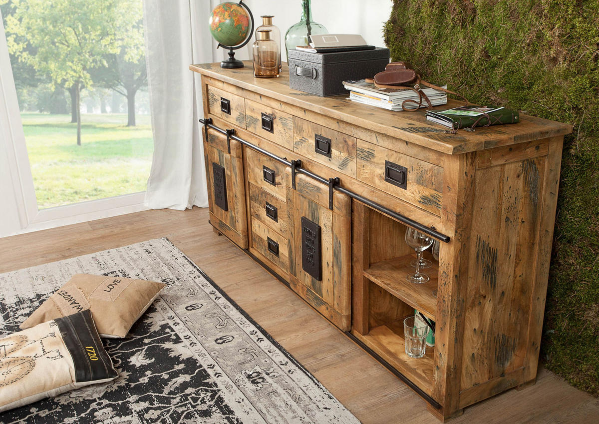 SIDEBOARD Mango 200x45x90 natur lackiert RAILWAY #122 - Braun, Holzwerkstoff (200/90/45cm) - Massivmoebel24