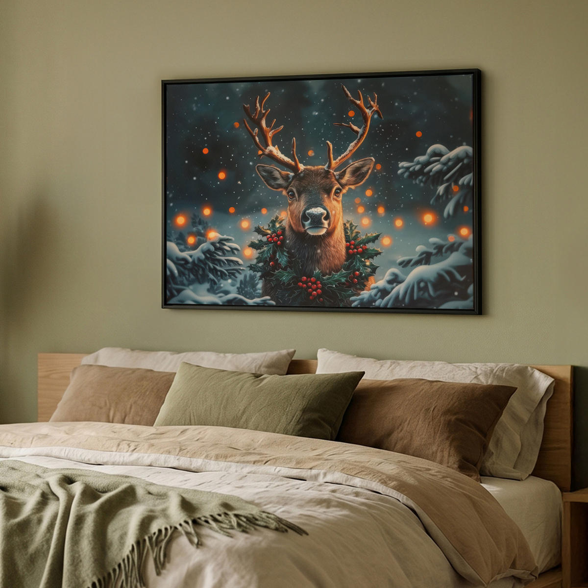 LEINWAND Bilder mit Rahmen - Hirsch - Weihnachten - Winter - Schnee - Weihnachtskranz - 100x70 - Dunkelbraun, Textil (100/70cm) - MuchoWow