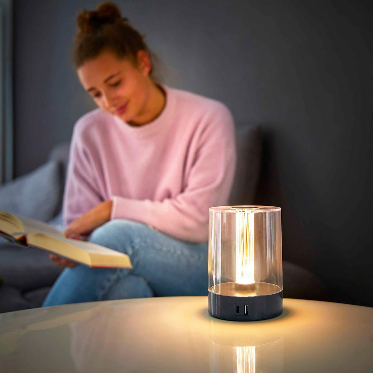 LED-TISCHLEUCHTE - dimmbar mit Farbwechsel, Touch-Taste und USB-Ladeports in Grau - Grau, Kunststoff (10.6/10.6/14.6cm) - Northpoint