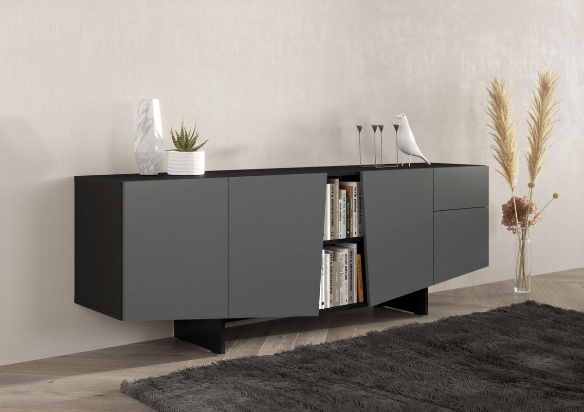 SIDEBOARD Wing, Asymmetrische Fronten, 200 cm, Schwarz und Grau - Schwarz/Grau, Holzwerkstoff (200.2/70/41.8cm) - Skandica