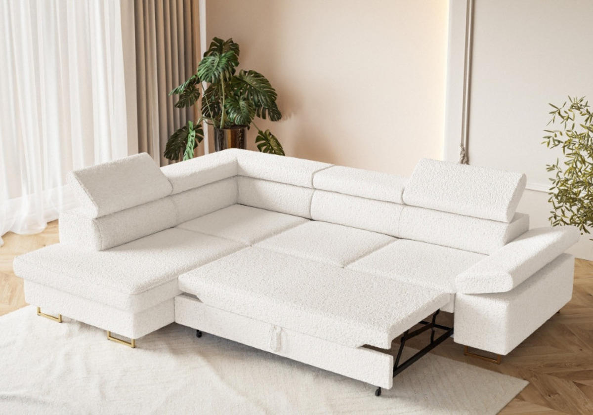 ECKSOFA Ecru ALEX Mit Verstellbaren Kopfstützen Links Stoff Boucle - Ecru, Textil (274/203cm) - Sepro Meble