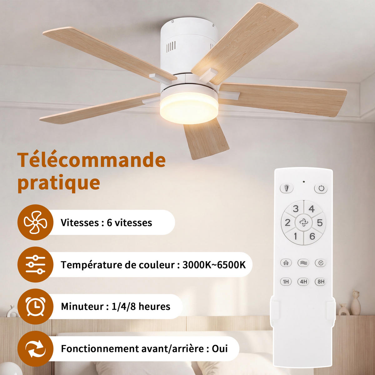 DECKENVENTILATOR 106,6cm 2in1 Holzoptik 5 Flügel LED Licht Timer - Weiß, Kunststoff (107/107/28cm) - CASIVA