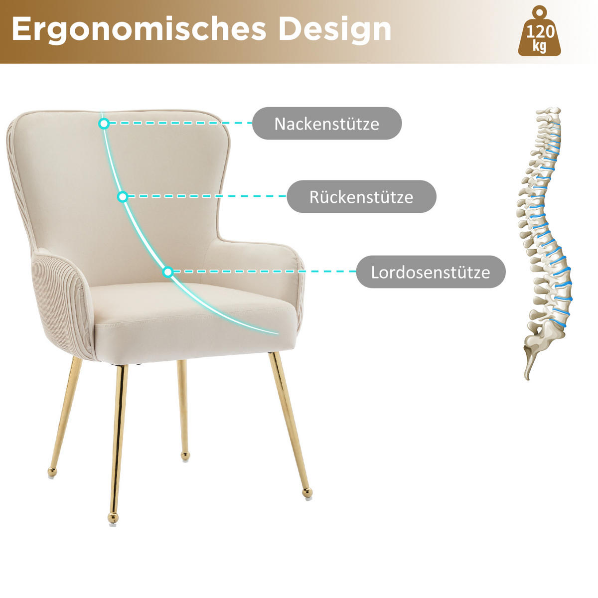 ESSZIMMERSTUHL 4er-Set mit Armlehnen Samt Beige/Gold - Beige, Metall (47.5/83/57.1cm) - Meubliv