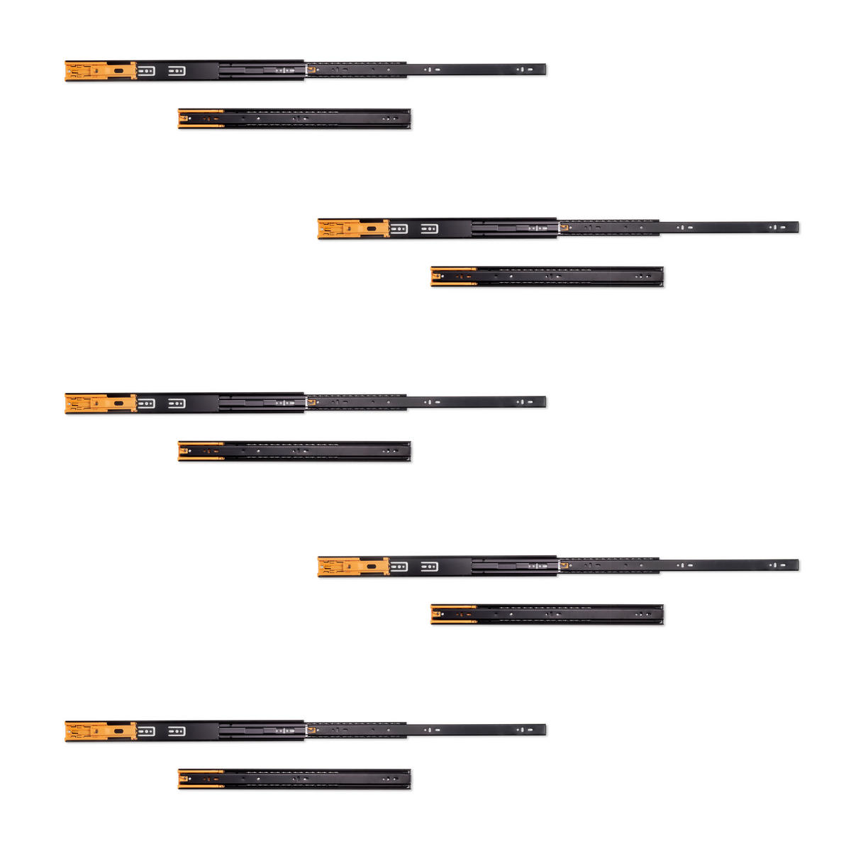 KUGELFÜHRUNGEN Höhe 45mm, Tiefe 500mm, Vollauszug, mit Schließautomatik, Schwarz 5er-set - Schwarz, Metall (10/7/51cm) - EMUCA
