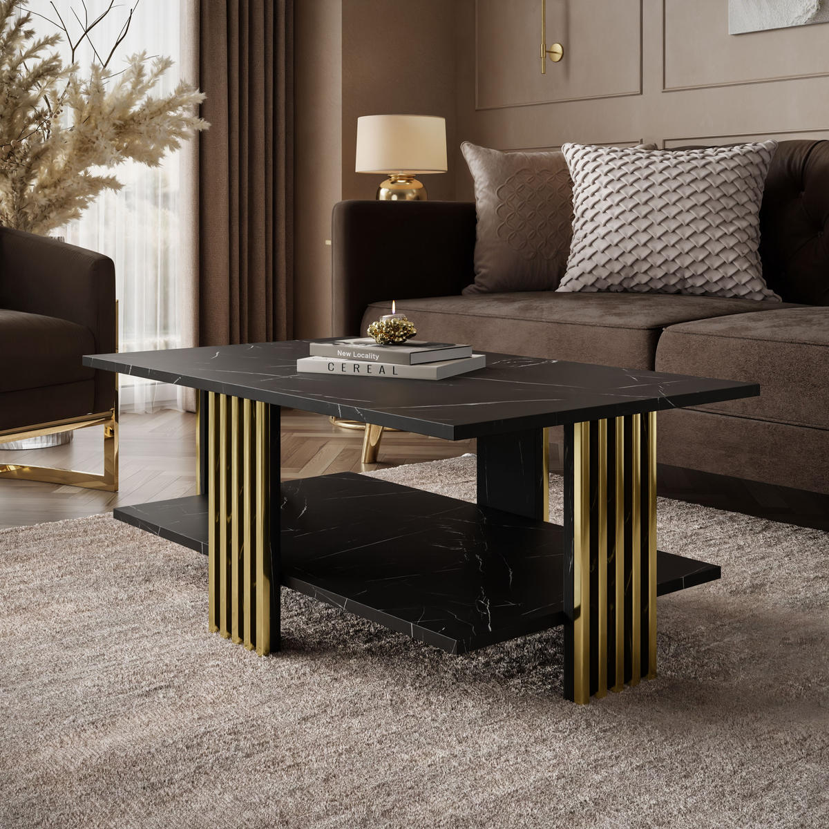 COUCHTISCH SAPHIRA GOLD mit Ablageboden, Schwarz Marmour - Schwarz, Holzwerkstoff (60/100/40cm) - Lookway