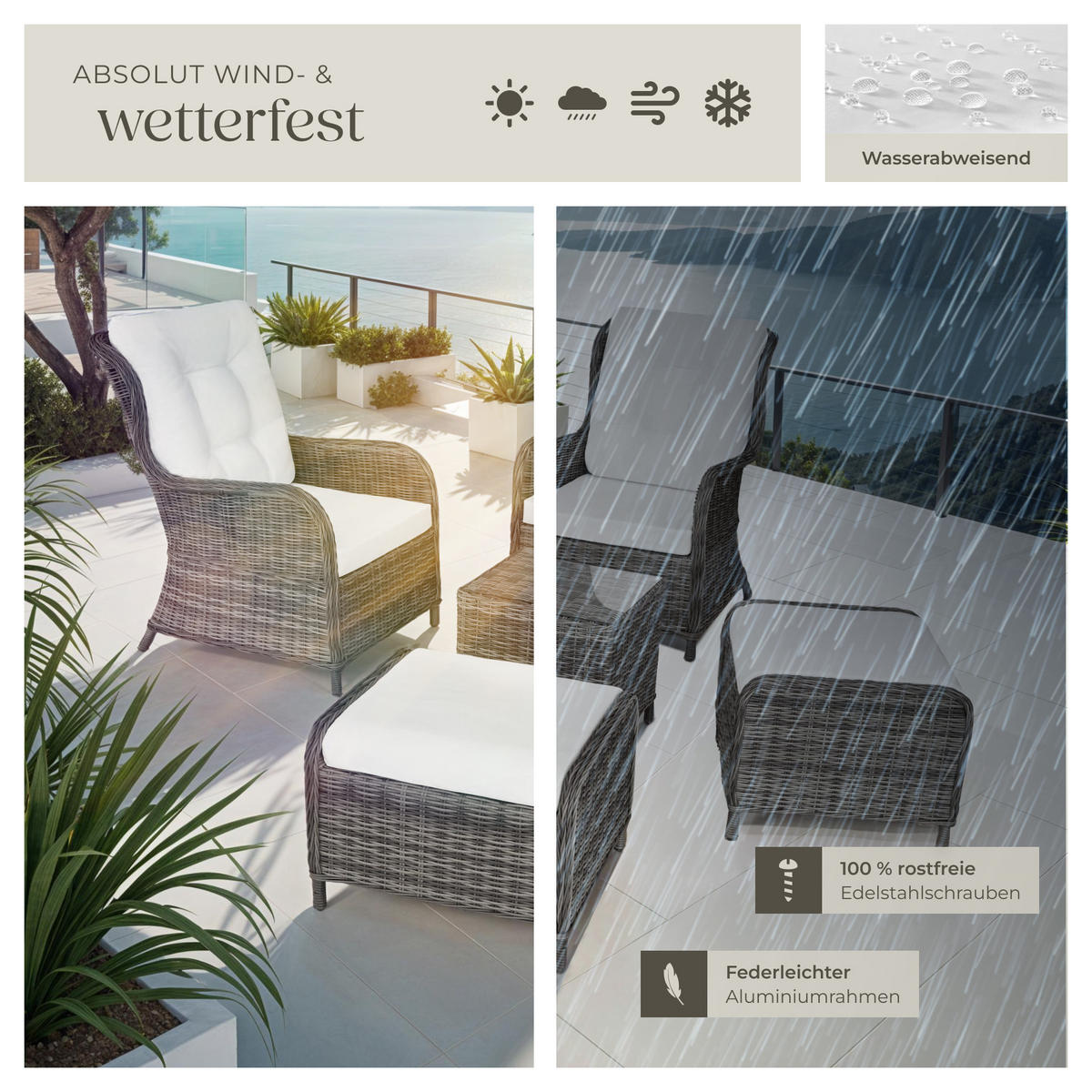 RATTAN SITZGRUPPE Benissa,mit Sicherheitsglasplatte,grau - Weiß/Grau, Kunststoff - tectake