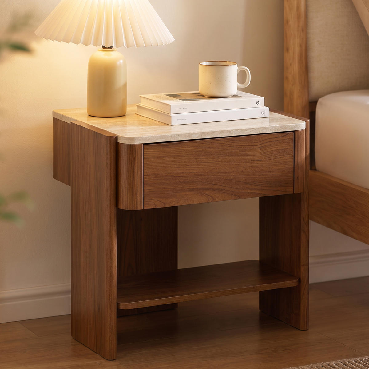 NACHTTISCH Modern mit Marmoroptik, Braun, MDF | B55 x T40 x H53 cm - Braun, Holz (55/53/40cm) - Hometopia