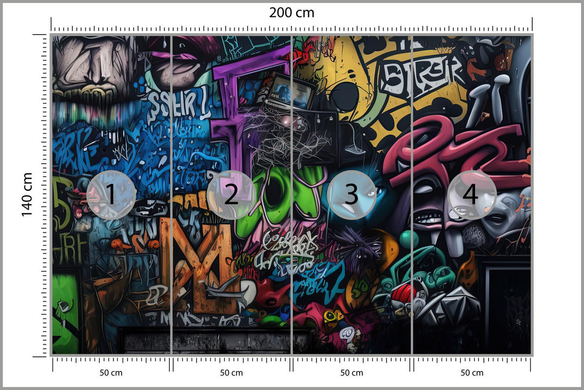 FOTOTAPETE für Jugendzimmer Bunte Graffiti Figura Schrift Abstrakt 200x140 - Blau/Pink, Papier (200/140cm) - Muralo