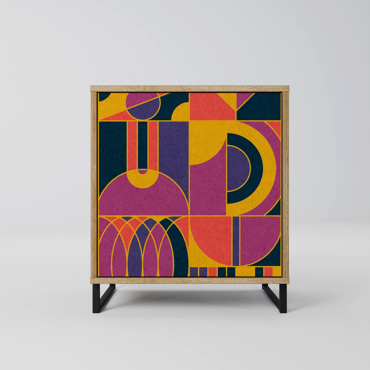 SIDEBOARD ELECTRIC PATTERNS, Eichefarben, 57,5x42x70,5 cm, Schwarze Metall-Sternfüße - Eichefarben/Multicolor, Holzwerkstoff/Metall (57.5/70.5/42cm) - SpaceRebels