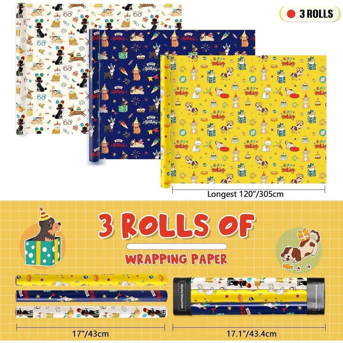 GESCHENKPAPIER 3 Rollen Set Hunde Motiv 43 cm x 3 m - Multicolor, Papier (43/43/305cm)