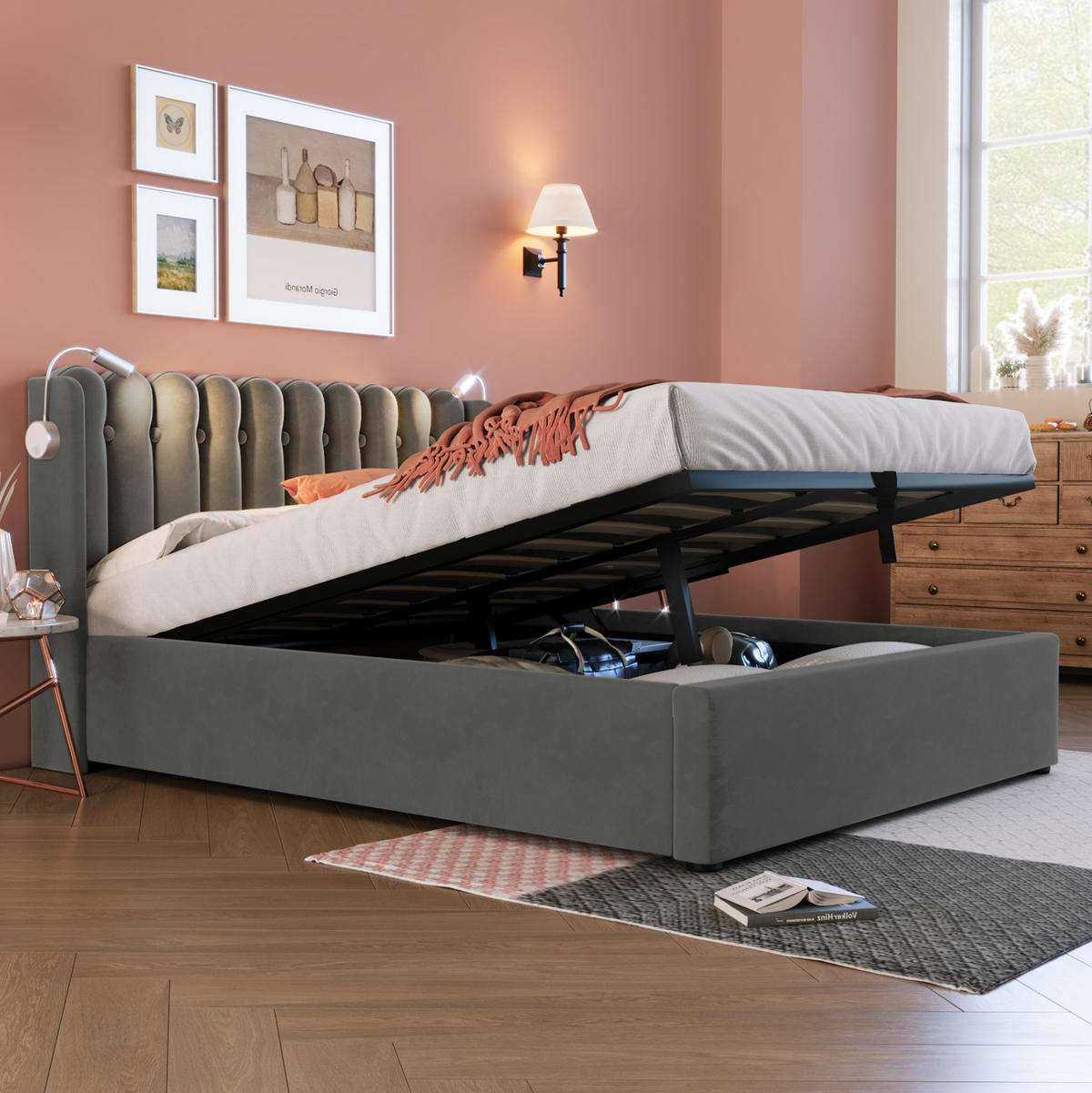 BETT mit Stauraum 140x200 cm Samt Grau mit USB und Leselicht - Grau, Metall (140/200cm) - Meubliv