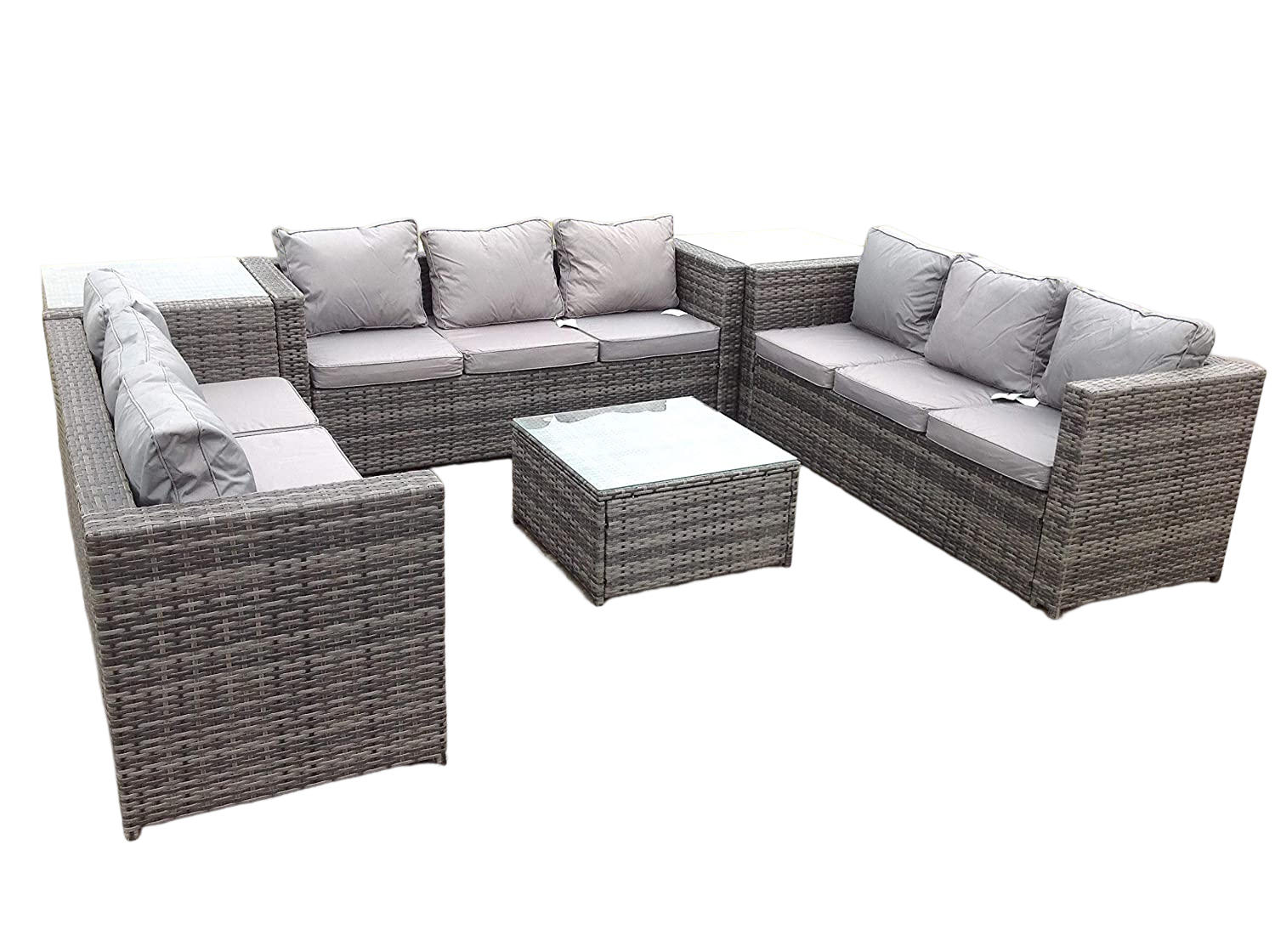 GARTENMÖBELSET mit Couchtisch Polyrattan 9-Sitzer - Dunkelgrau/Grau, Glas/Kunststoff - Fimous
