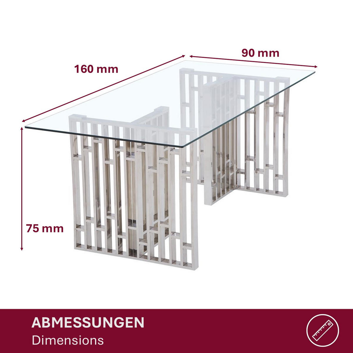 ESSTISCH Klarglas 160 × 90 cm Edelstahlgestell geometrisch Chrom - Silberfarben, Glas/Metall (90/160/75cm) - HOOZ