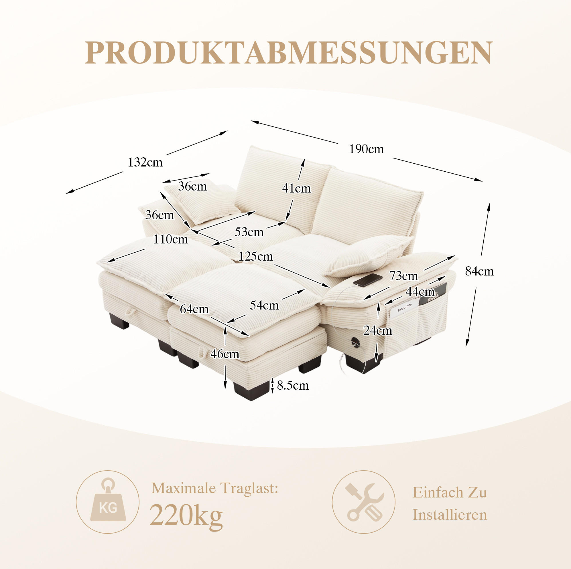 Meubliv Sofa Beige 132x84x190 cm