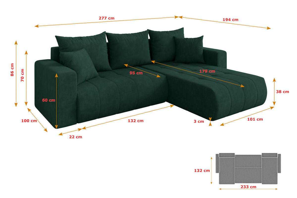 ROHOVÁ SEDAČKA s funkcí spaní, otoman vpravo MILA-L 277x194x86 zelená velur - černá/zelená barva, kompozitní dřevo/textil (277/194cm) - ALTDECOR