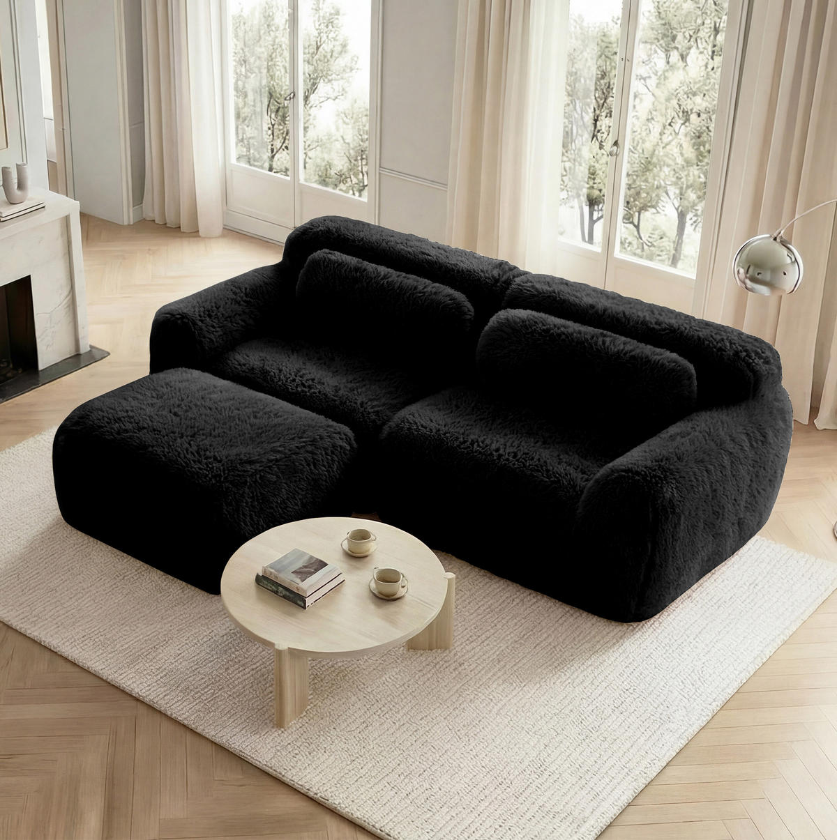 2-SITZER 204/179/73 cm schwarz aus Plüsch modular in L-Form als 2-Sitzer - Schwarz, Textil (179/73/204cm) - OKWISH
