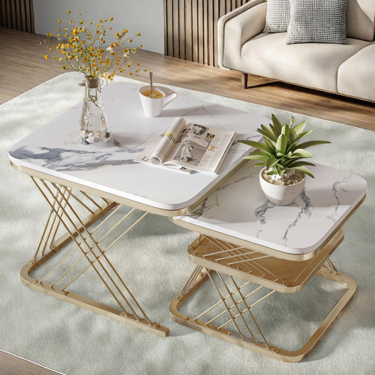 COUCHTISCH SET 2-teilig Marmoroptik Weiß Goldgestell - Multicolor, Holz (60/60/45cm) - SHOPENTRA