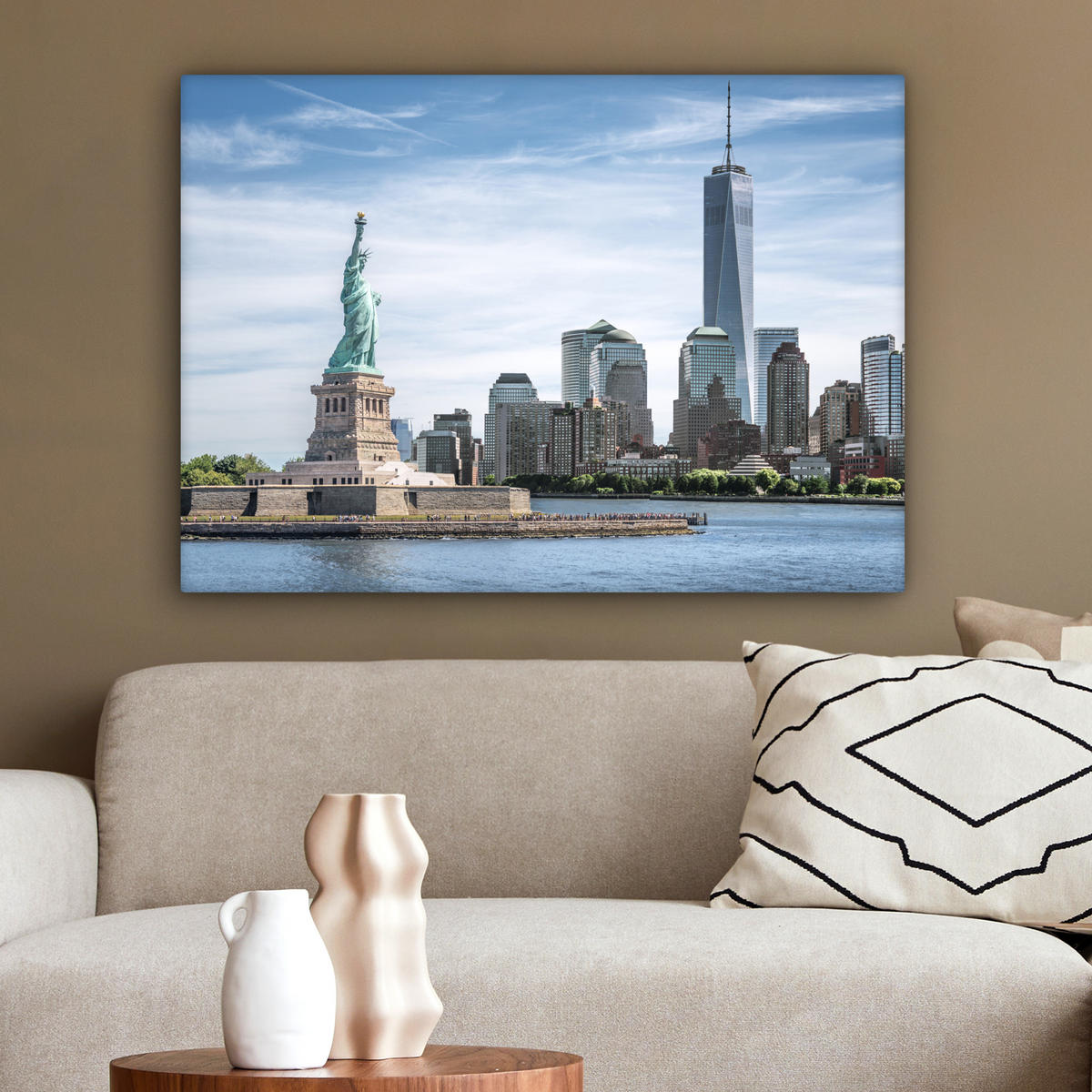 LEINWANDBILD New York - Freiheitsstatue - Wasser Wandbilder 80x60 cm - Hellblau, Textil (80/60cm) - MuchoWow