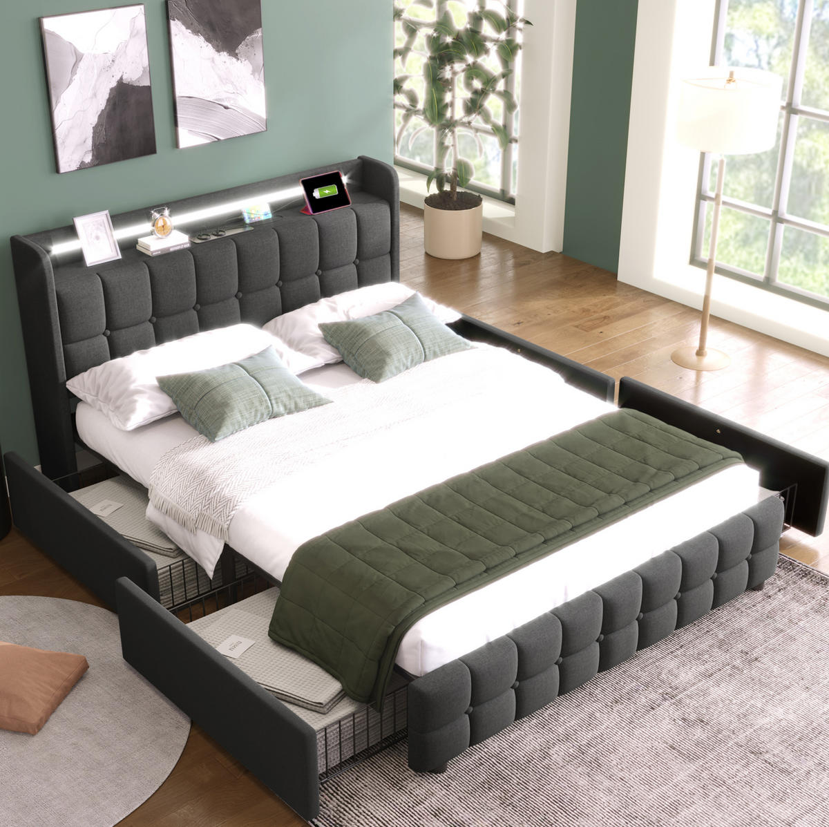 POLSTERBETT mit USB, Steckdosen, LED und 4 Schubladen 160x200 cm Grau - Grau, Holz (160/200cm) - Meubliv
