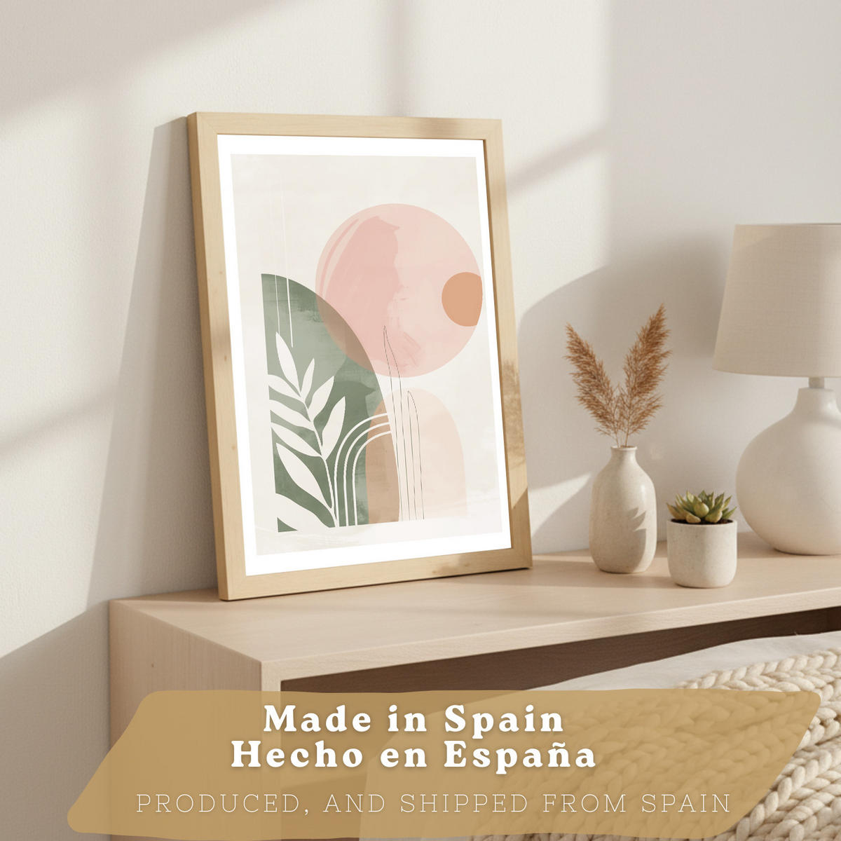 PLAKAT Sada 3 dekorativních nástěnných tisků, zelené a růžové rostliny, pro moderní dekoraci obývacího, velikost Světlý dřevěný rám A3 - béžová, papír (29.7/42/3cm) - Nacnic