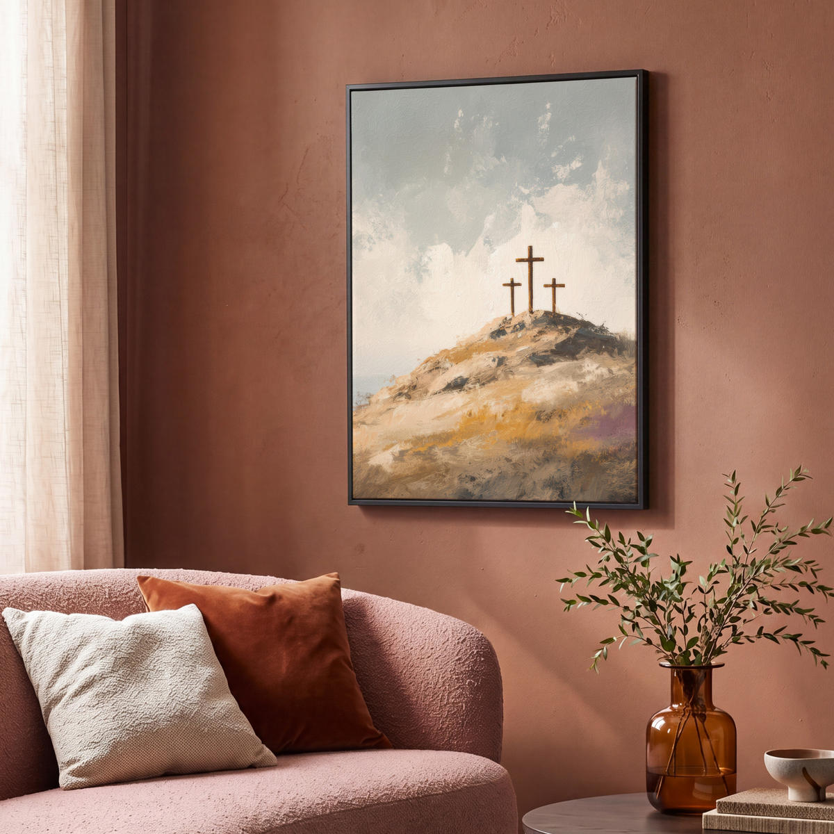 LEINWAND Bilder mit Rahmen - Hügel - Abstrakt - Christentum - Kreuz - 70x100 - Hellgrau, Textil (70/100cm) - MuchoWow