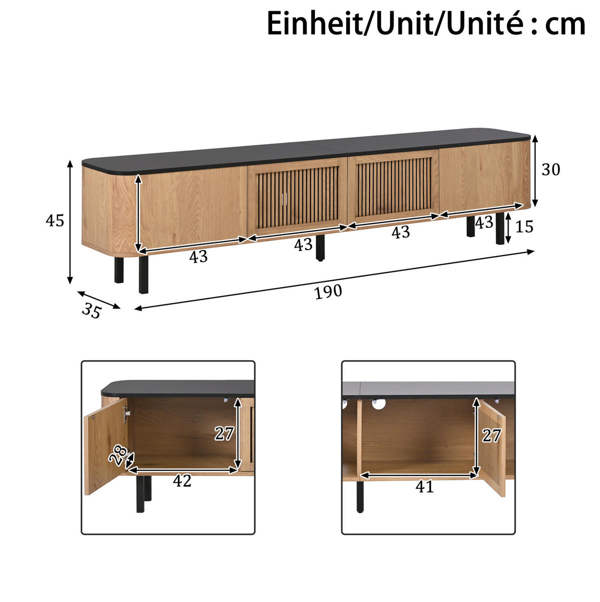 TV ormarić od MDF-a i iverice 190x35x45 cm hrast s rešetkastim vratima, pretincima i metalnim nogama - smeđa, drvni materijal (190/45/35cm) - Modfu