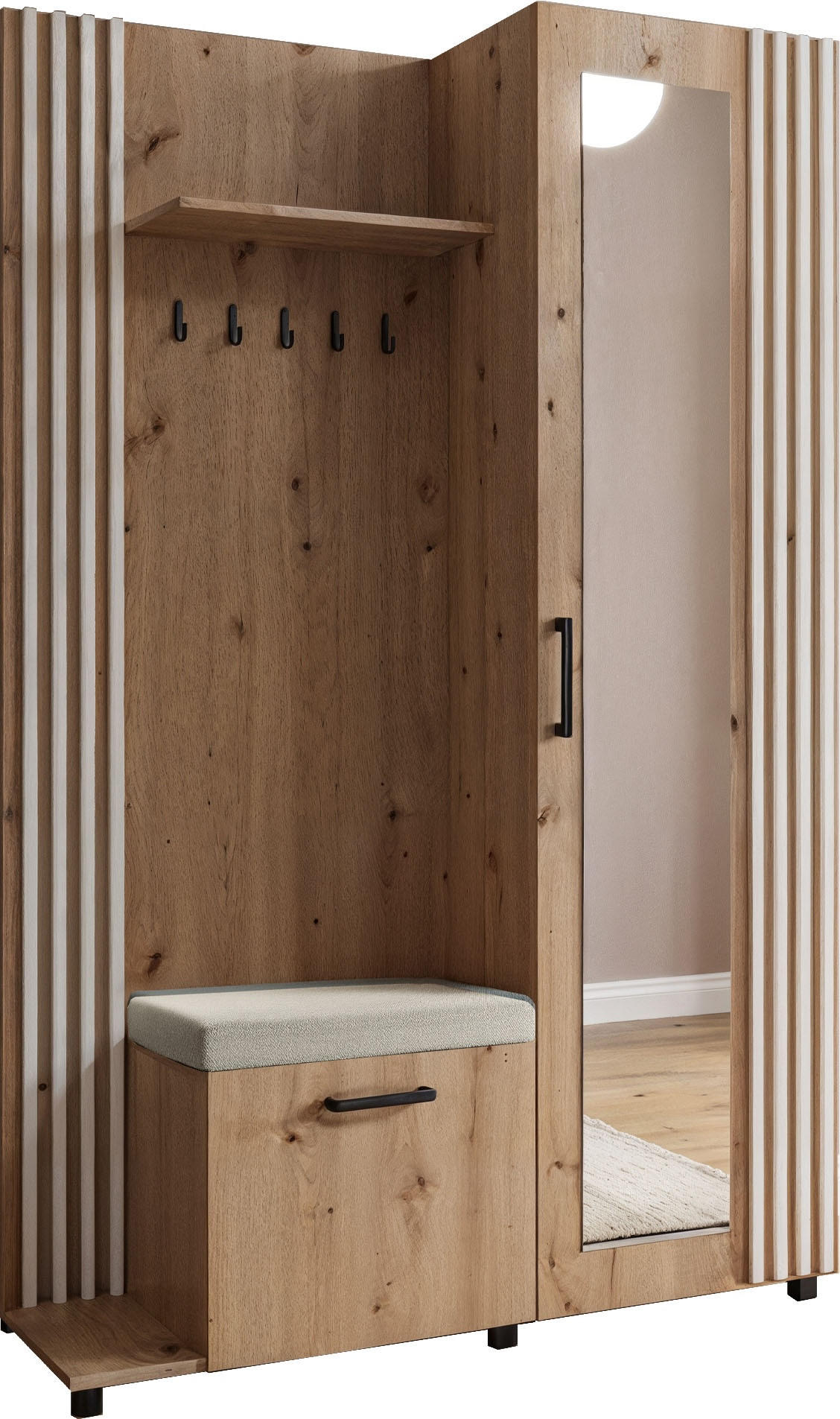 GARDEROBE Linaro mit Spiegel, Sitzbank in Lamellen-Optik 137/207/42 cm, Links - Schwarz/Braun, Holzwerkstoff (137/207/42cm) - WFL GROUP