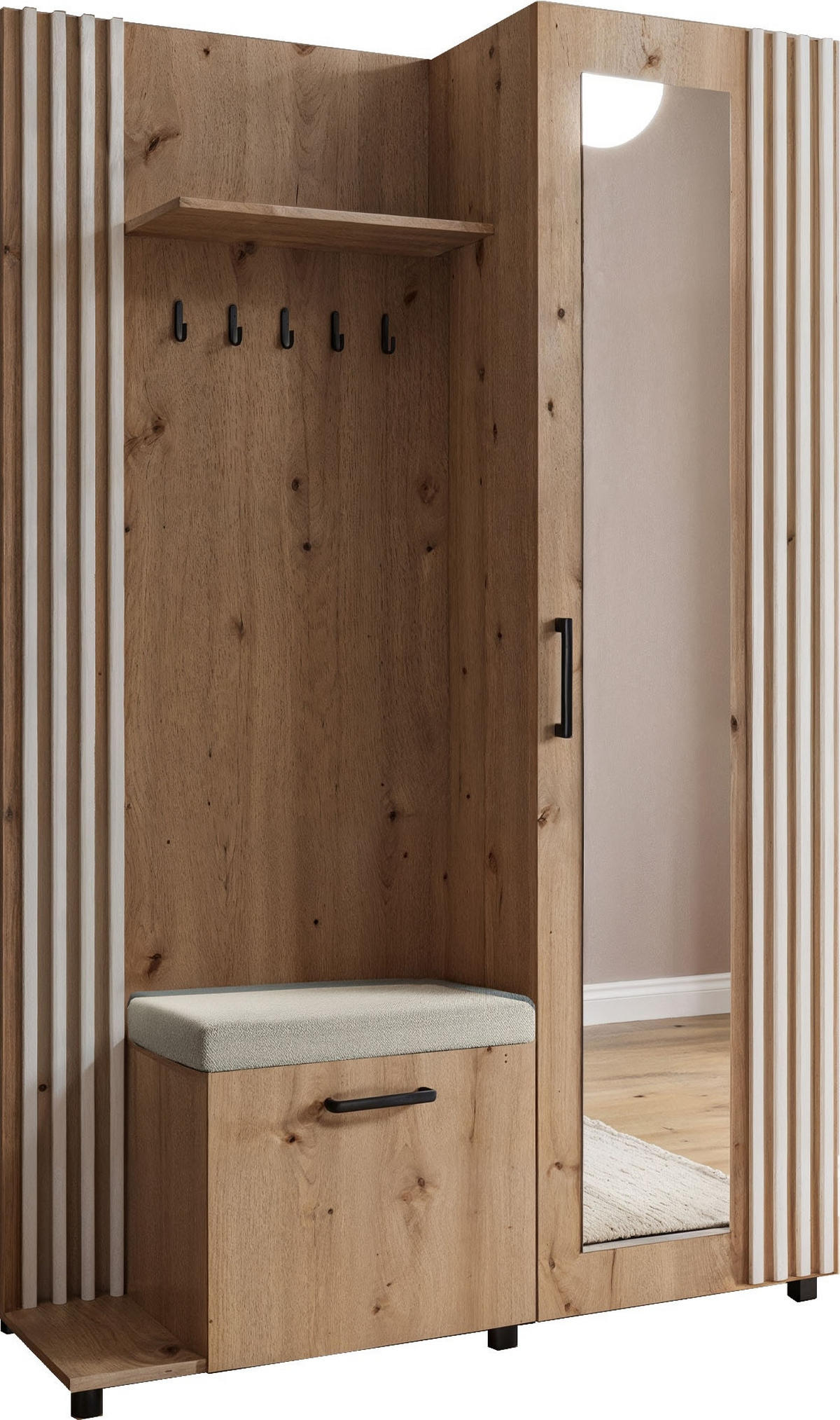 GARDEROBE Linaro mit Spiegel, Sitzbank in Lamellen-Optik 137/207/42 cm, Links - Schwarz/Eiche Artisan, Holzwerkstoff (137/207/42cm) - WFL GROUP