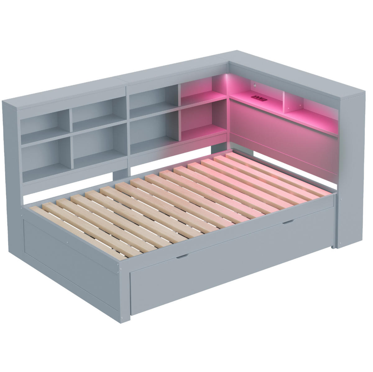 RAHMENBETT 140/200 cm in Grau mit Stauraum, LED-Beleuchtung und USB - Grau, Holz (140/200cm) - Flora Grace