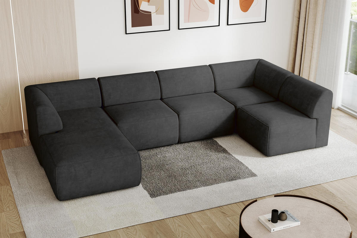 WOHNLANDSCHAFT Ottomane Links MOVA 345x180x78 Schwarz Samt - Schwarz, Holzwerkstoff/Kunststoff (180/78/345cm) - ALTDECOR