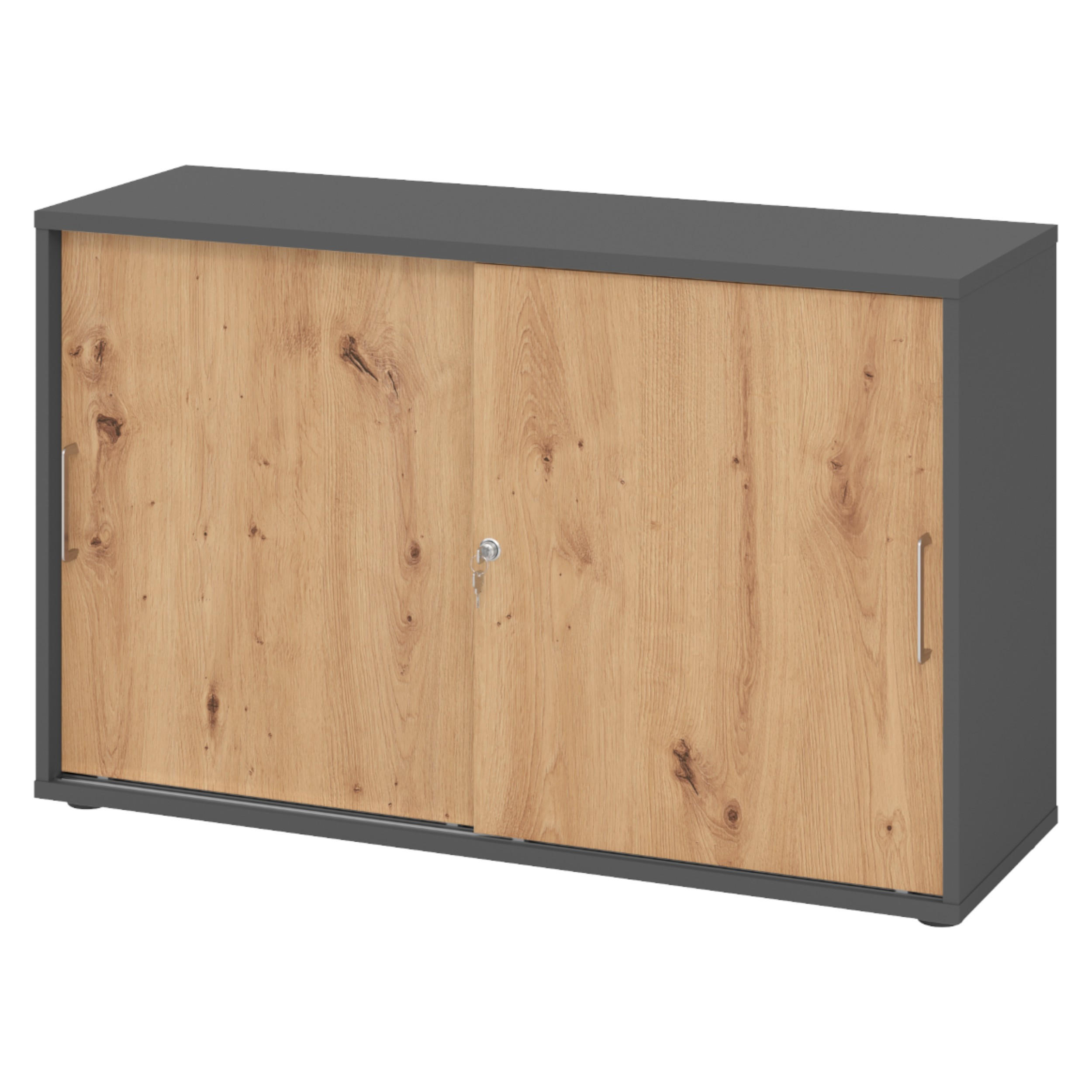 SCHIEBETÜRENSCHRANK - 2 Ordnerhöhen 40/120/74,8 cm in Graphitfarben/Wildeiche Bügelgriff (Metall) - Wildeiche/Graphitfarben, Holzwerkstoff (120/74.8/40cm) - bümö