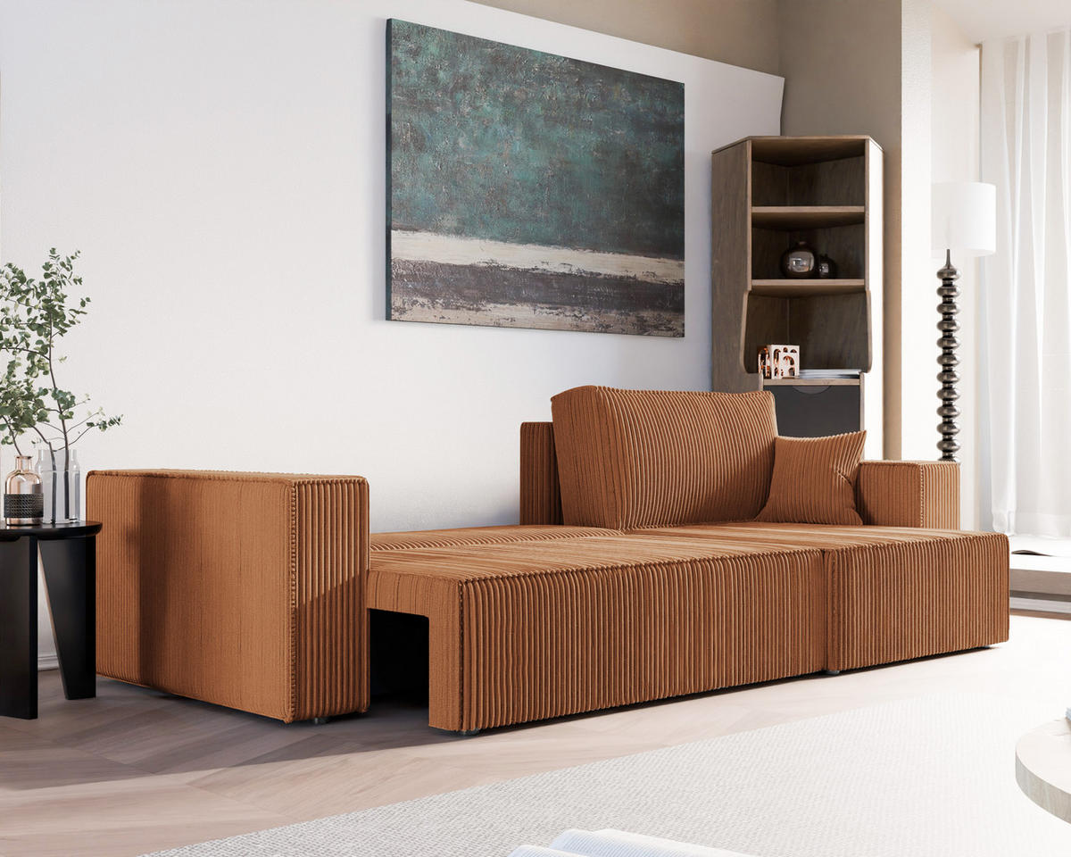 ECKSOFA mit Schlaffunktion und Bettkasten, Orange - Orange, Holzwerkstoff/Textil (145/276cm) - Idohome