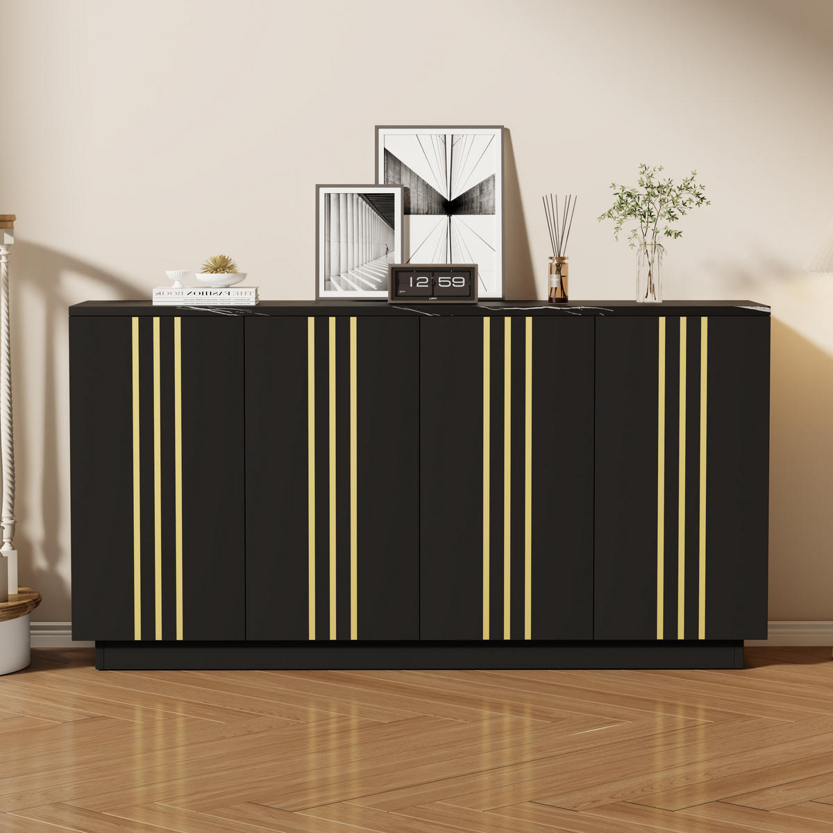 SIDEBOARD Schwarz Gold 4 Türen 140cm verstellbar Modern Schrank - Schwarz, Holzwerkstoff (35/70/140cm) - FLIEKS