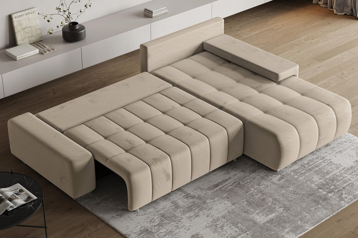 ECKSOFA ALESE R-S Creme Velours-Stoff mit Schlaffunktion - Creme, Holz (265/185cm) - MASSENO