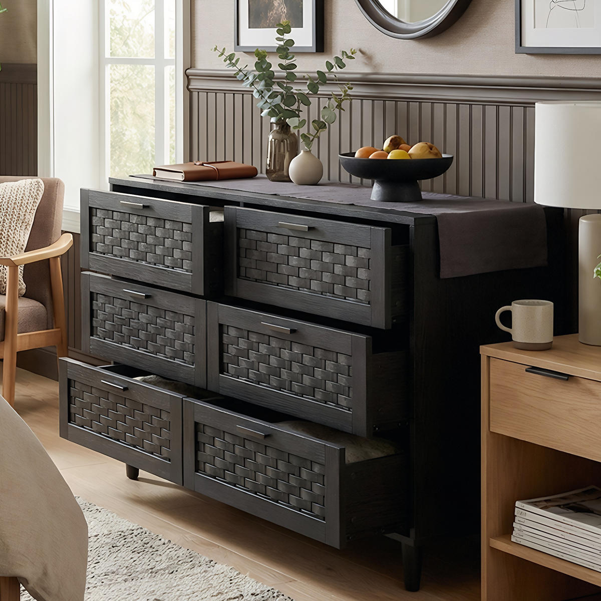 KOMMODE Japandi mit 6 Schubladen in Rattan-Optik 115/40/80 cm Schwarz - Schwarz, Holzwerkstoff (115/80/40cm) - Creahappy